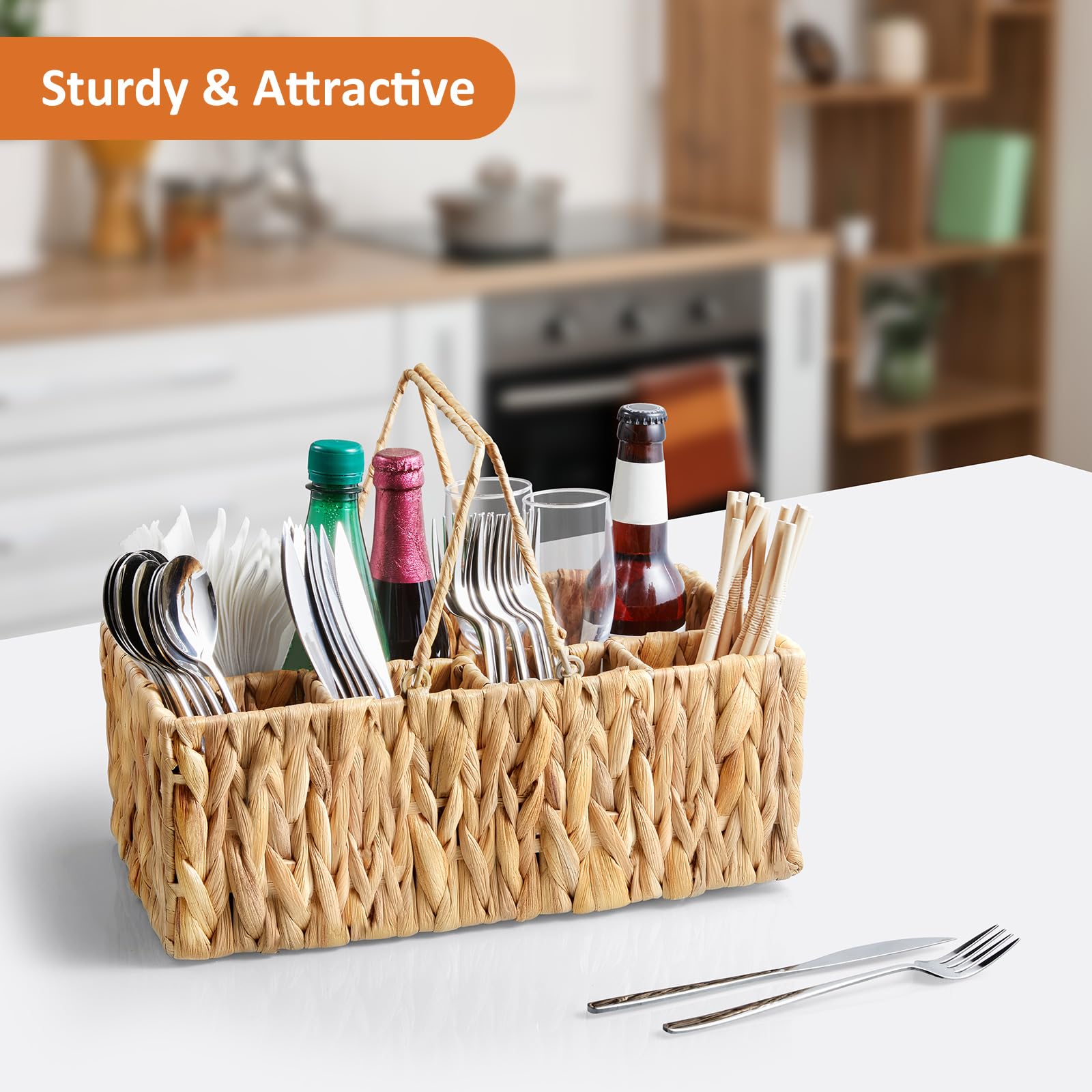 YCXNBHH wicker utensil caddy with balanced handle for stable transport at events.