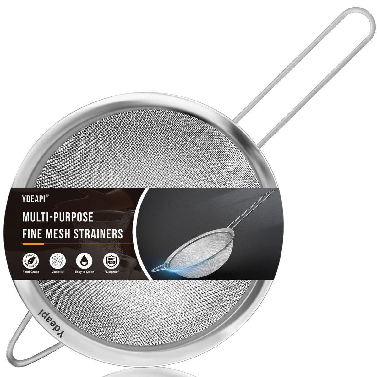 Ydeapi 8.6-inch mesh strainer with handle for efficient rinsing and draining.