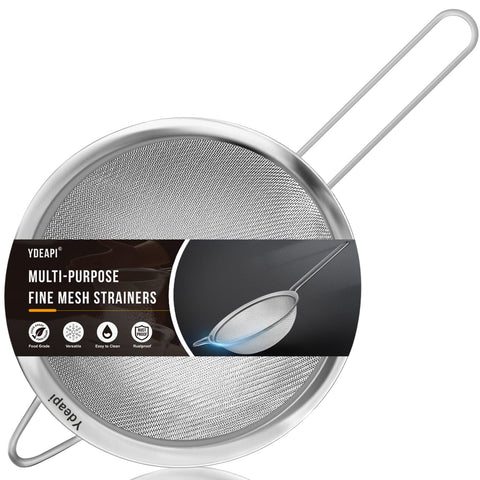 Ydeapi 8.6-inch mesh strainer with handle for efficient rinsing and draining.