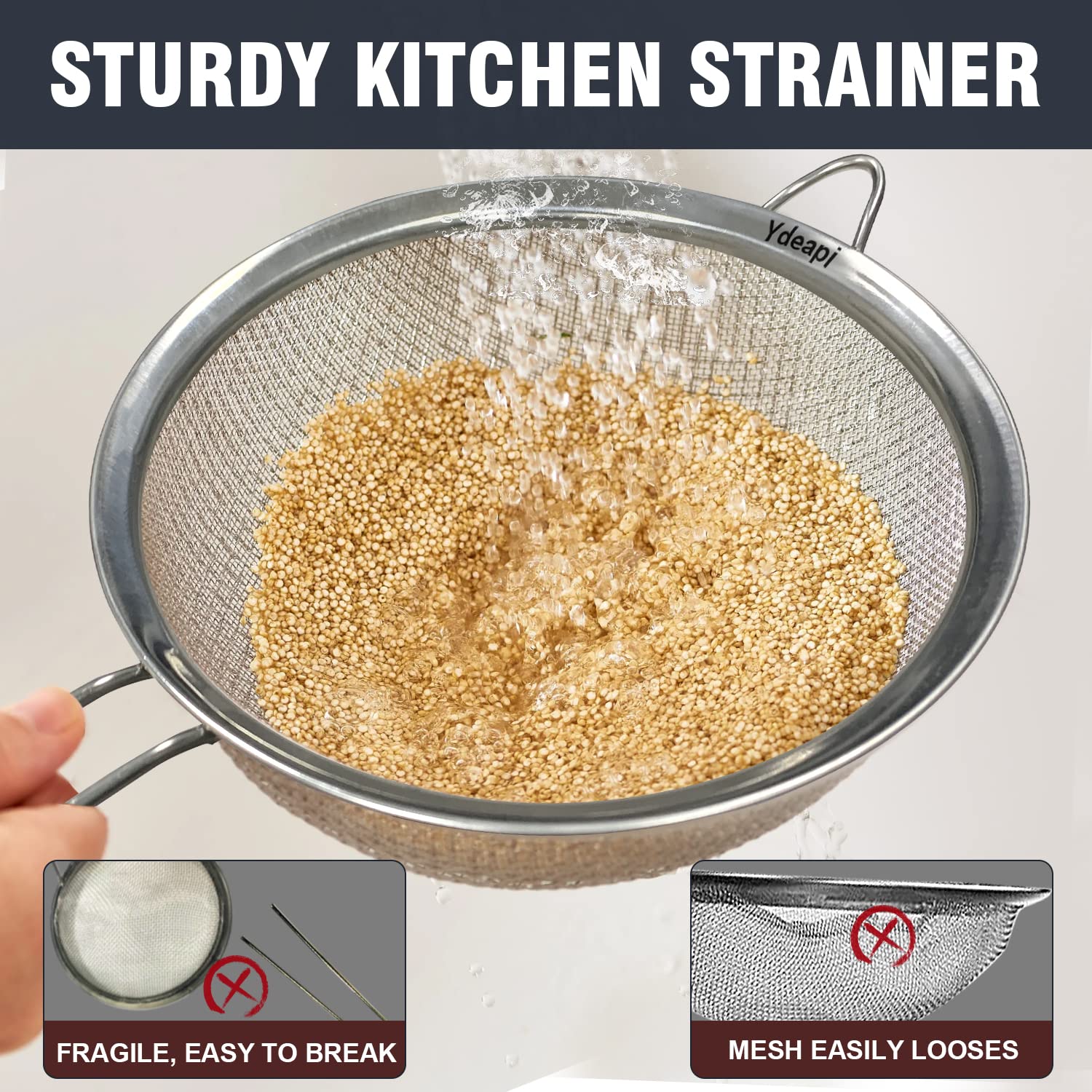 Ydeapi dishwasher-safe strainer easy to clean and store.