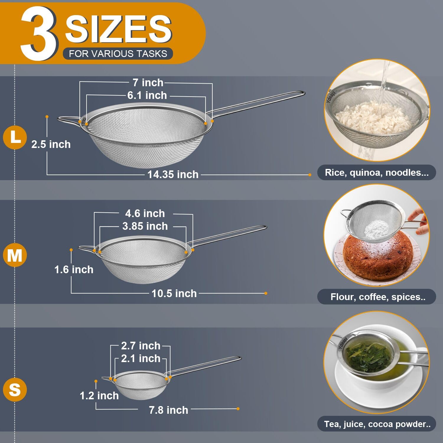 Ydeapi 4.6-inch strainer demonstrates tight frame preventing food from trapping