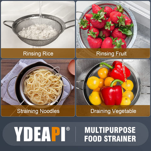 Ydeapi stainless steel 30-mesh strainer filters tiny particles while draining.