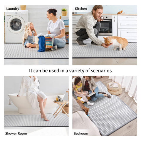 Non-slip, rubber-backed mat helps keep floors dry and clean