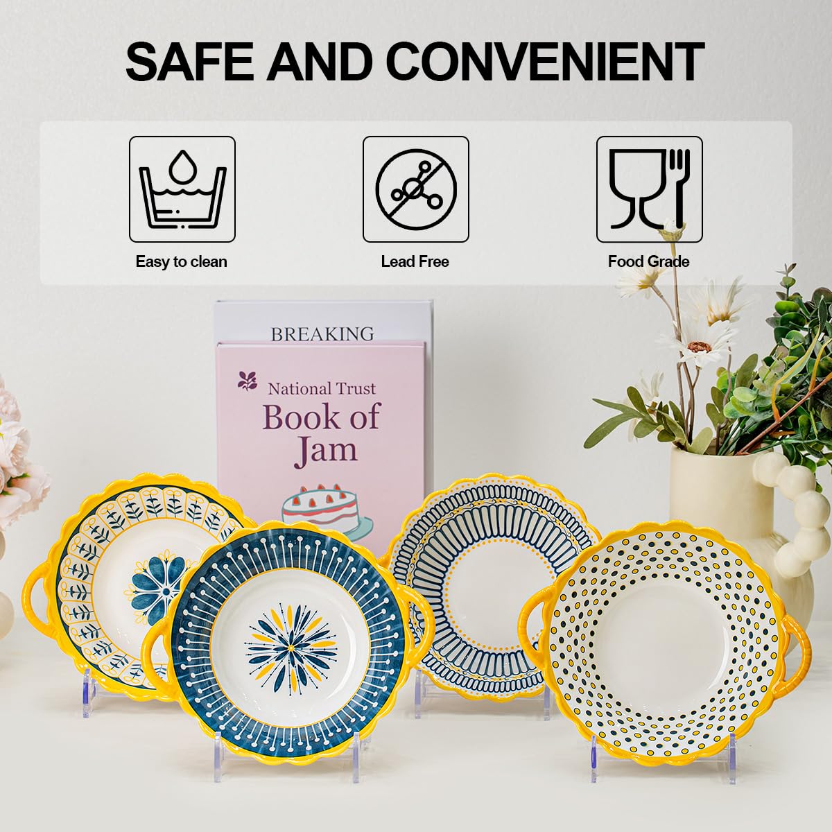Yeacccng soup bowls with handles lead-free and cadmium-free for safe meals.
