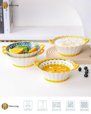 Yeacccng soup bowls with handles pattern white yellow blue elevates table presentation.