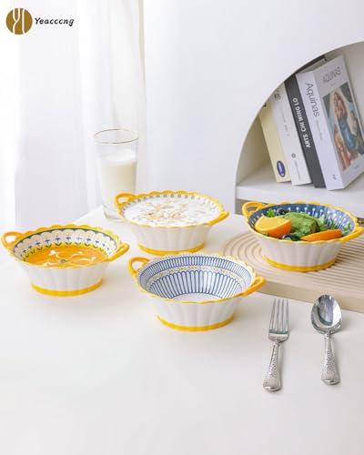 Yeacccng soup bowls with handles set of four stacked for compact storage.