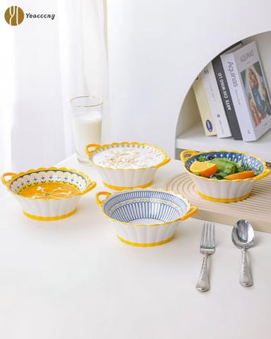 Yeacccng soup bowls with handles set of four stacked for compact storage.