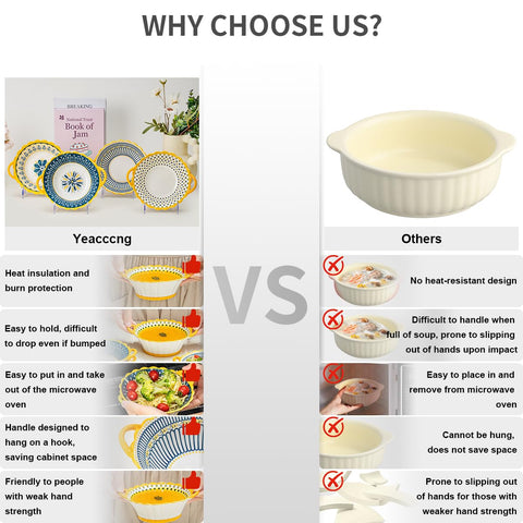 Yeacccng soup bowls with handles six point five inch diameter fits portions.