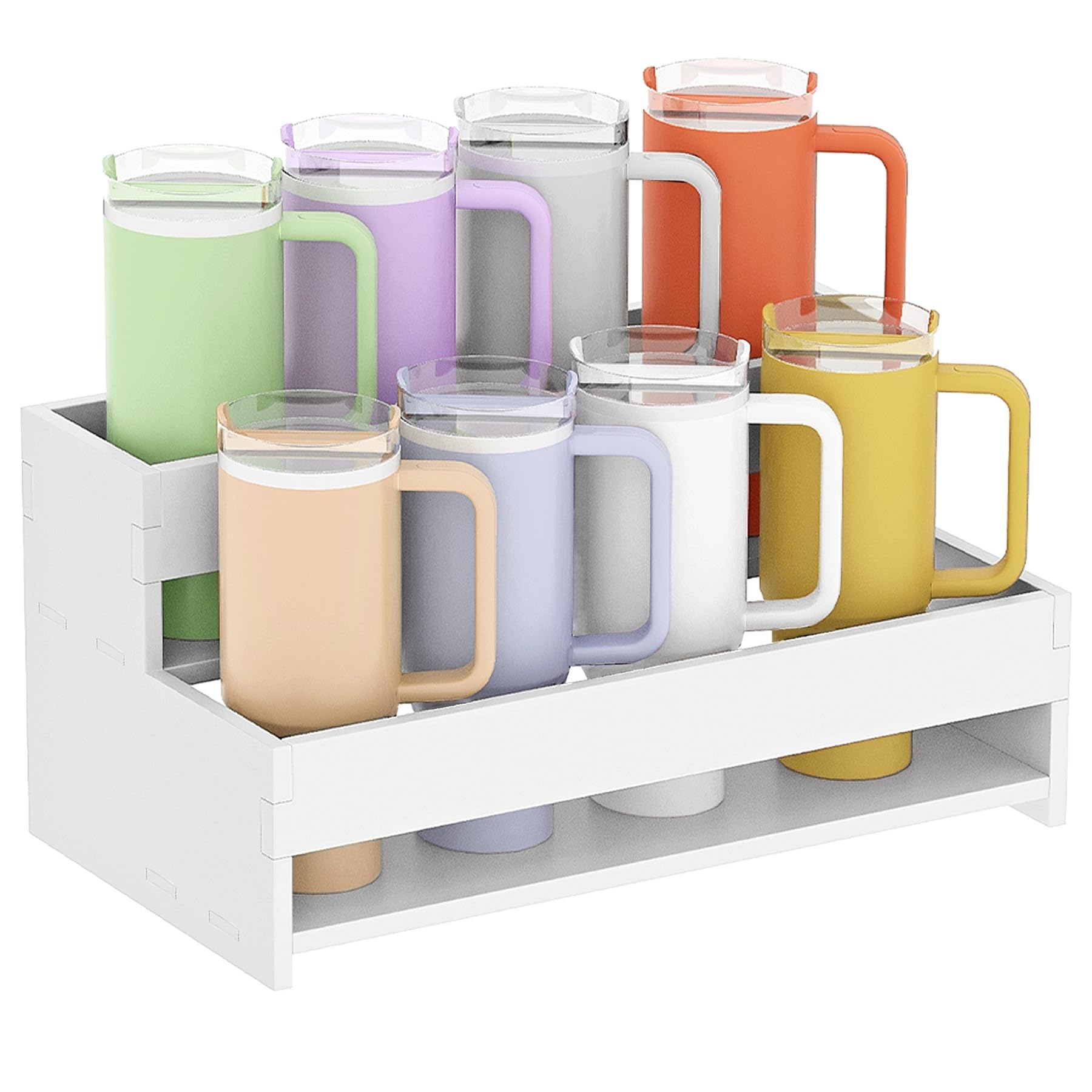 Yeavs Water Bottle Organizer 2-Tier front view showing 8-cup capacity for easy storage.