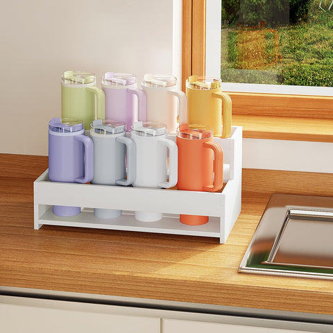 Yeavs 2-tier rack on a dining table setup showcasing versatile use with tumblers.