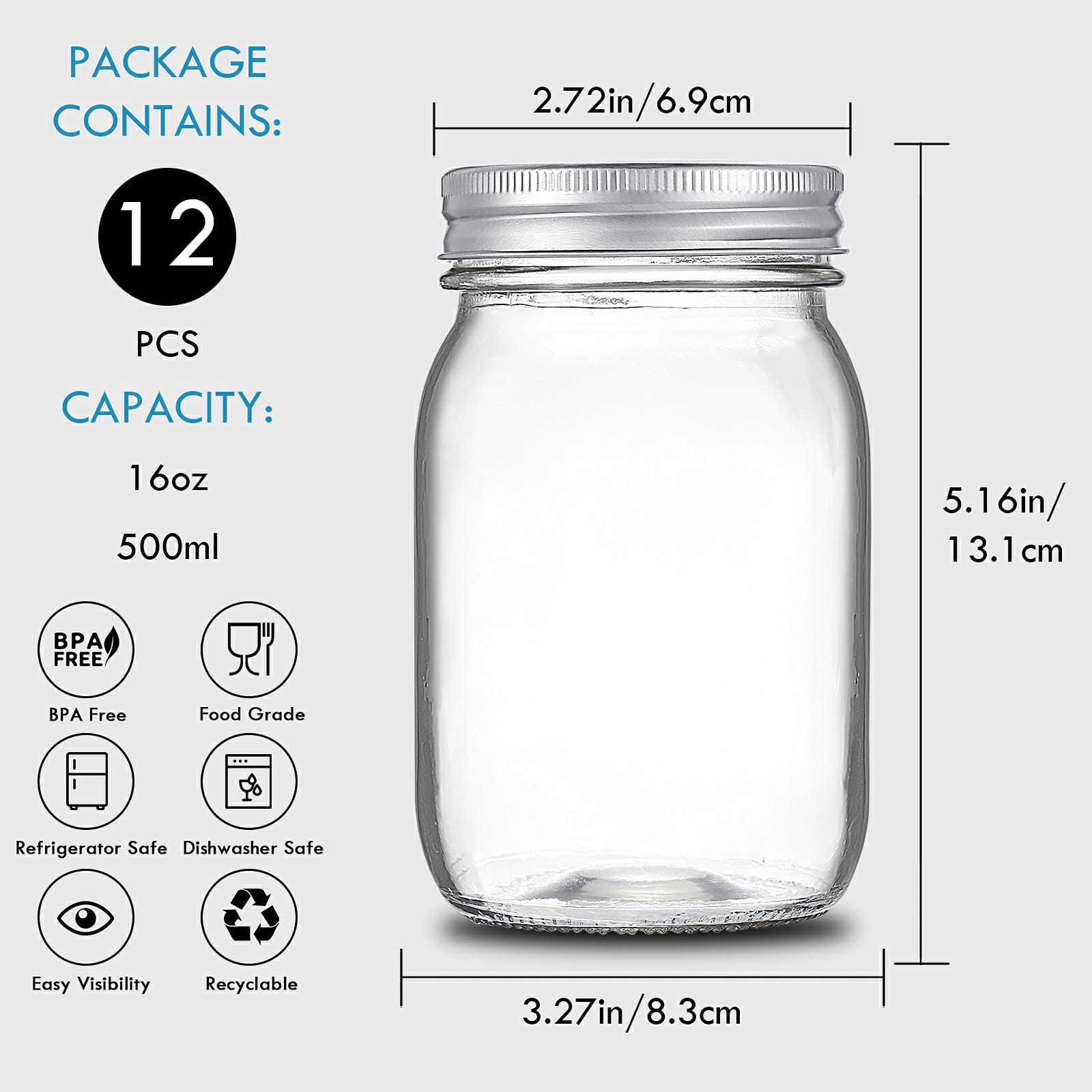 YEBODA 16 oz jars with airtight seal prolong freshness and flavor