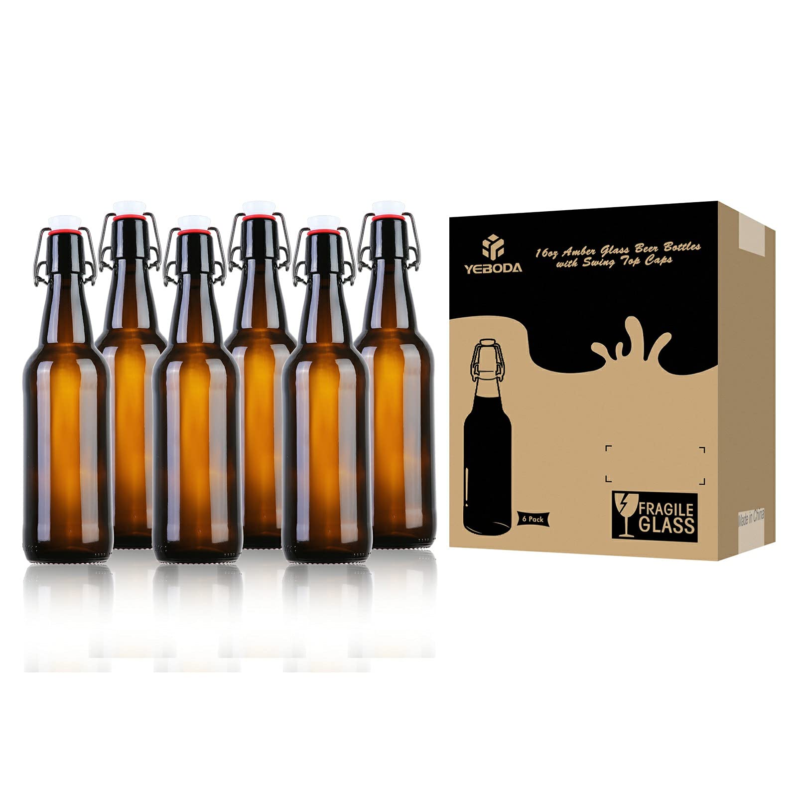 YEBODA homebrewing setup features durable amber glass bottles.