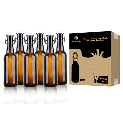 YEBODA homebrewing setup features durable amber glass bottles.