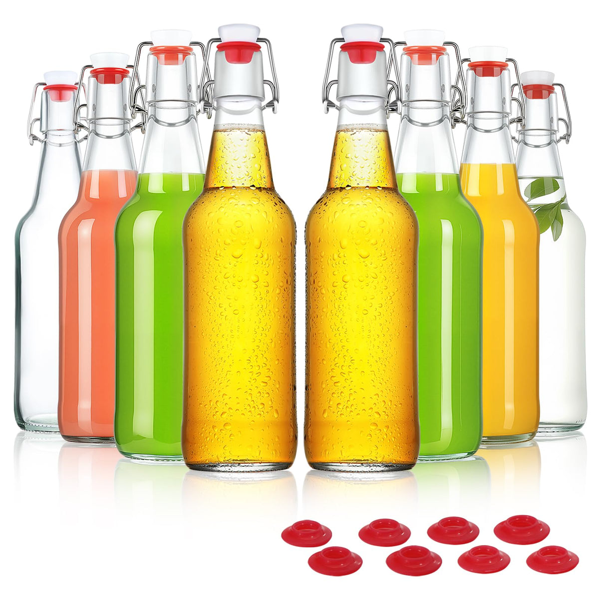 YEBODA swing-top 16oz bottle pouring, ideal for homemade drinks and easy resealing