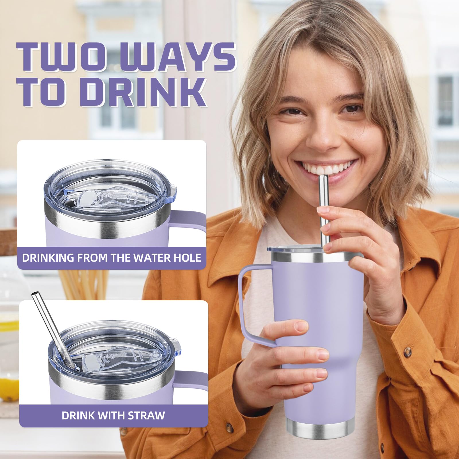 2-in-1 straw lid on YEBTS Life tumbler illustrates leak-proof sipping