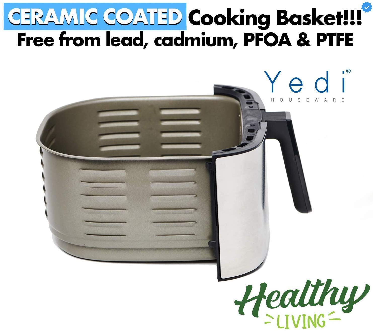 Yedi Evolution ceramic-coated basket highlights healthy oil use and easy cleanup.