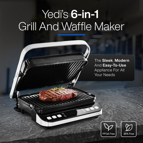 Yedi Total Package in-use with panini press, showcasing sizzling sandwiches.