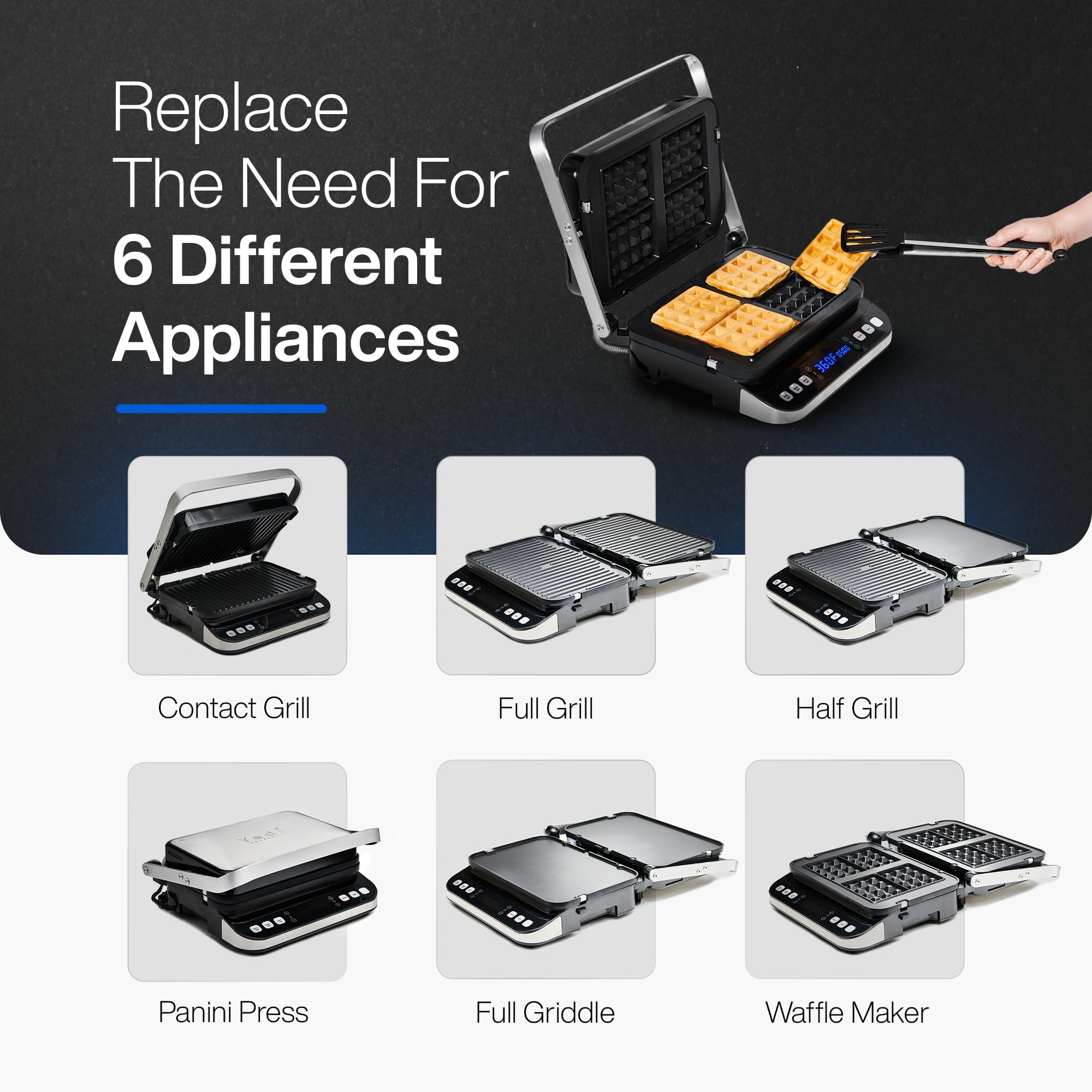 Yedi Total Package grill plates laid out, showing interchangeable grill, griddle, and waffle options.