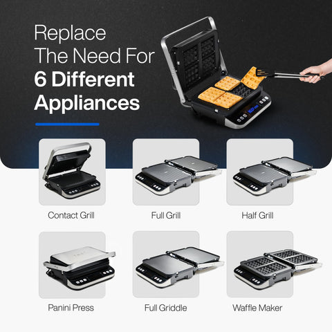 Yedi Total Package grill plates laid out, showing interchangeable grill, griddle, and waffle options.