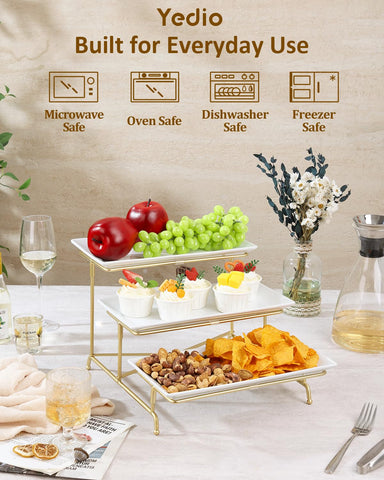 Yedio 3-tier serving stand on table highlights elevated presentation of fruit and desserts.