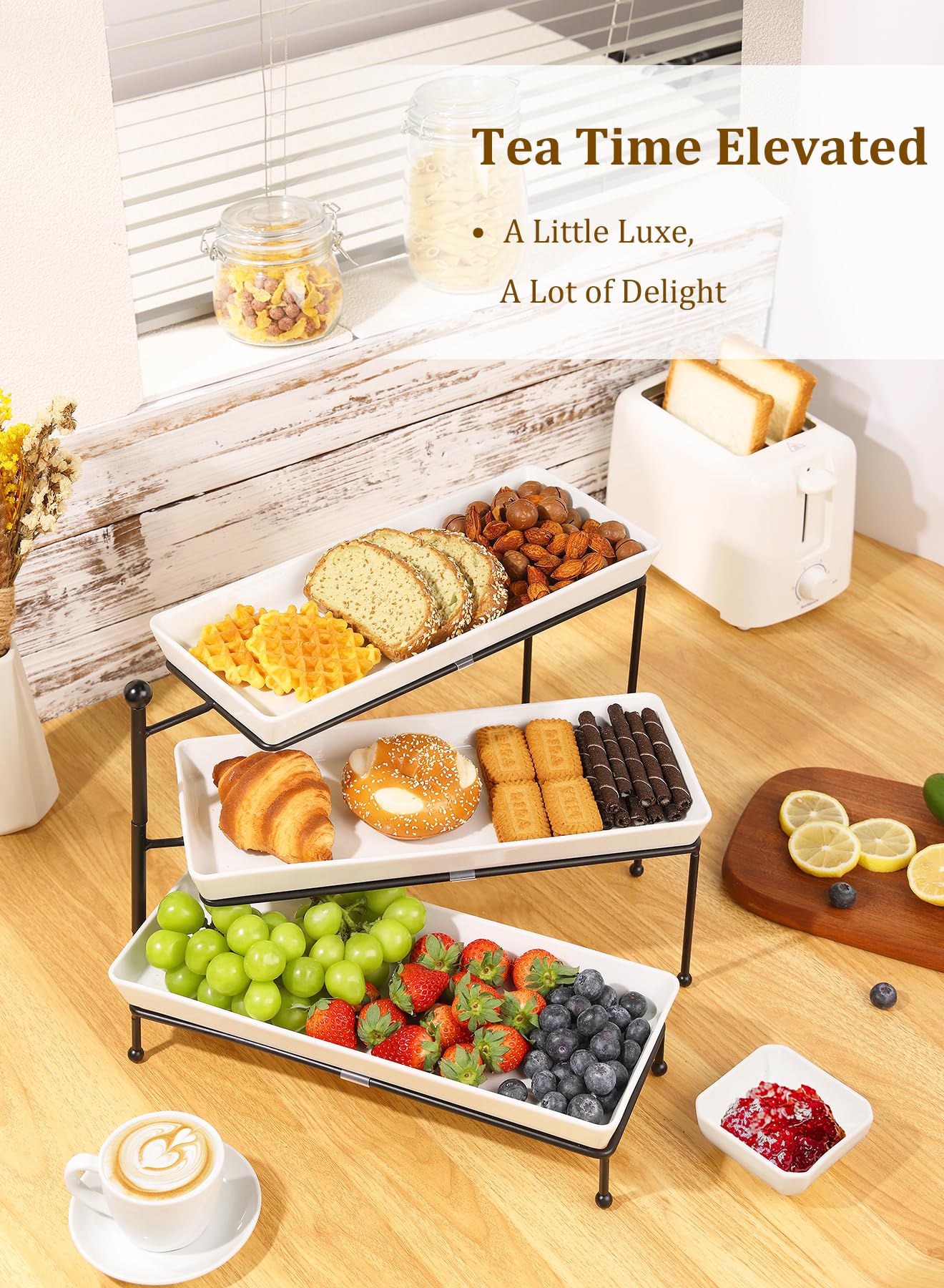 Yedio fruit and desserts on three-tier display trays