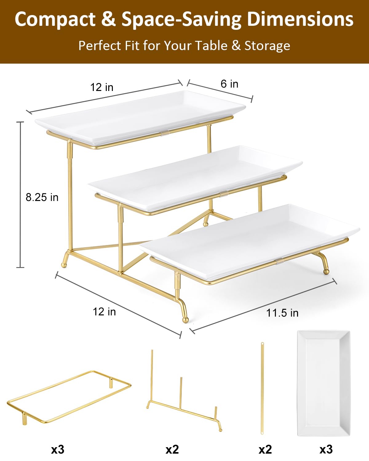 Yedio porcelain 3-tier tray with sturdy cross bars boosts stability for party displays.