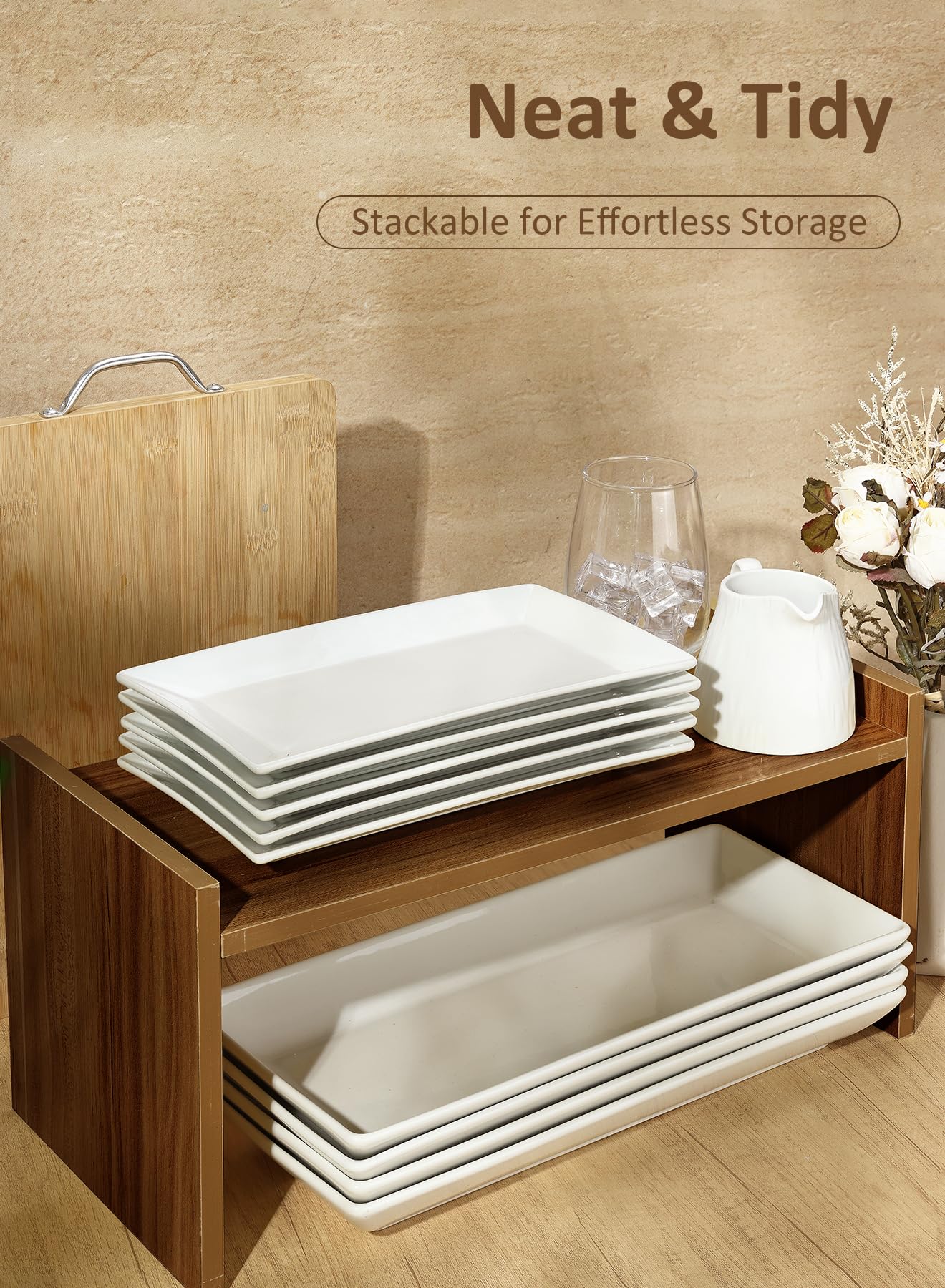 Yedio porcelain rectangle platter stacks easily for compact storage.