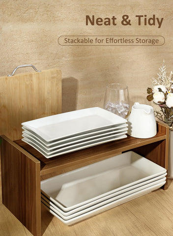 Yedio porcelain rectangle platter stacks easily for compact storage.