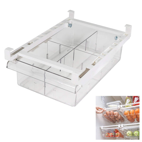 YekouMax fridge drawer organizer with extendable rails for easy access and visibility.