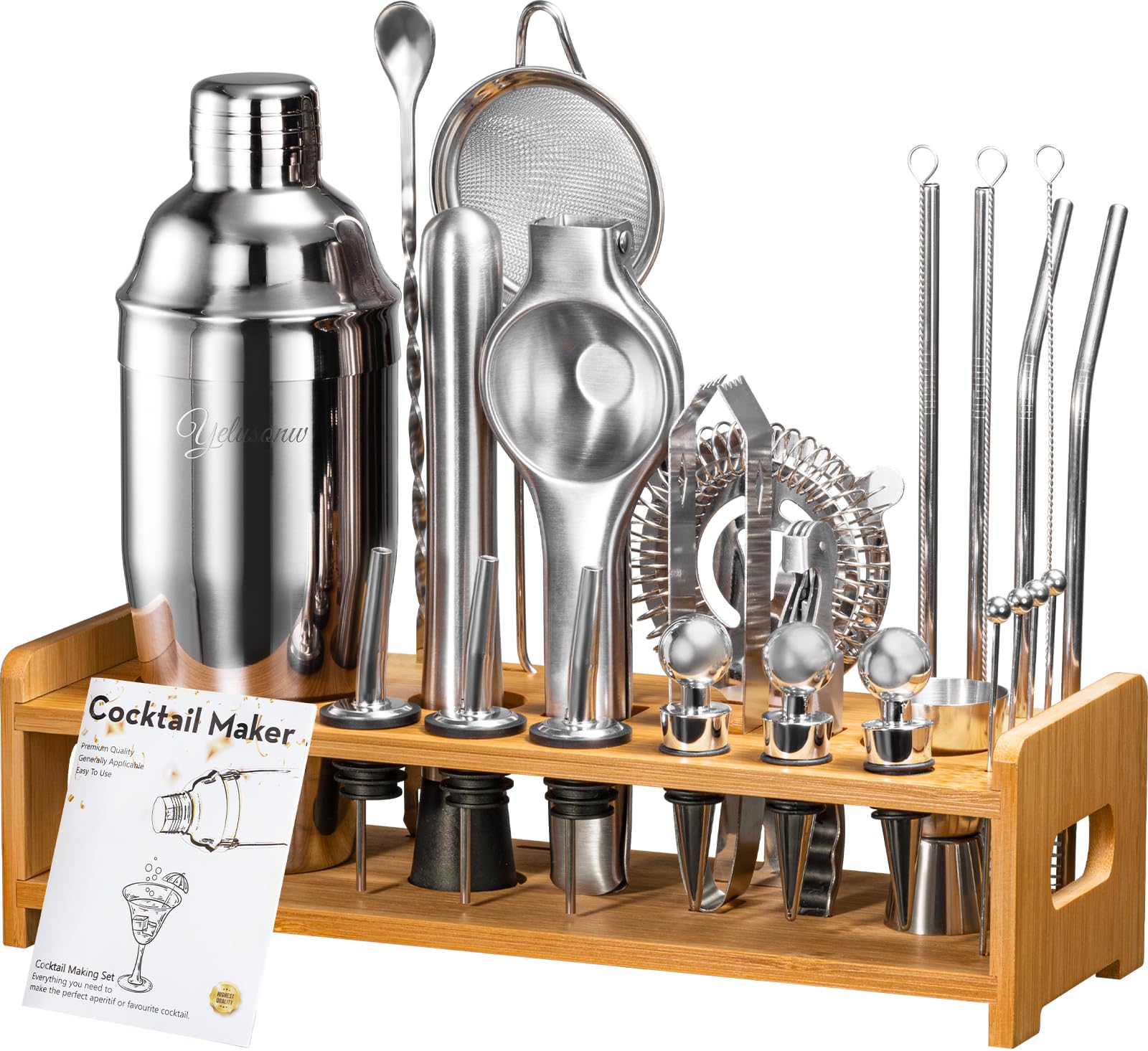 Yelusonw cocktail shaker stand showcases organized tools with stylish industrial-chic design.