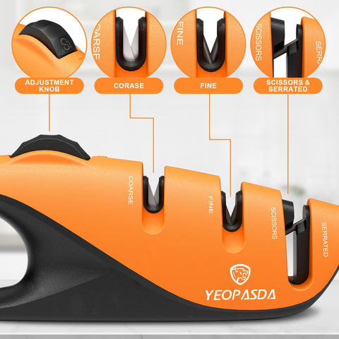 YeopAsda sharpener on a non-slip base ensures stable, safe sharpening.