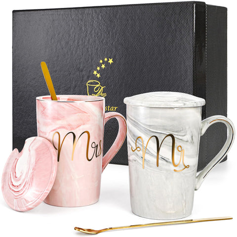 Yesland Mr and Mrs mugs in grey and pink show coordinated couple style for daily coffee rituals.