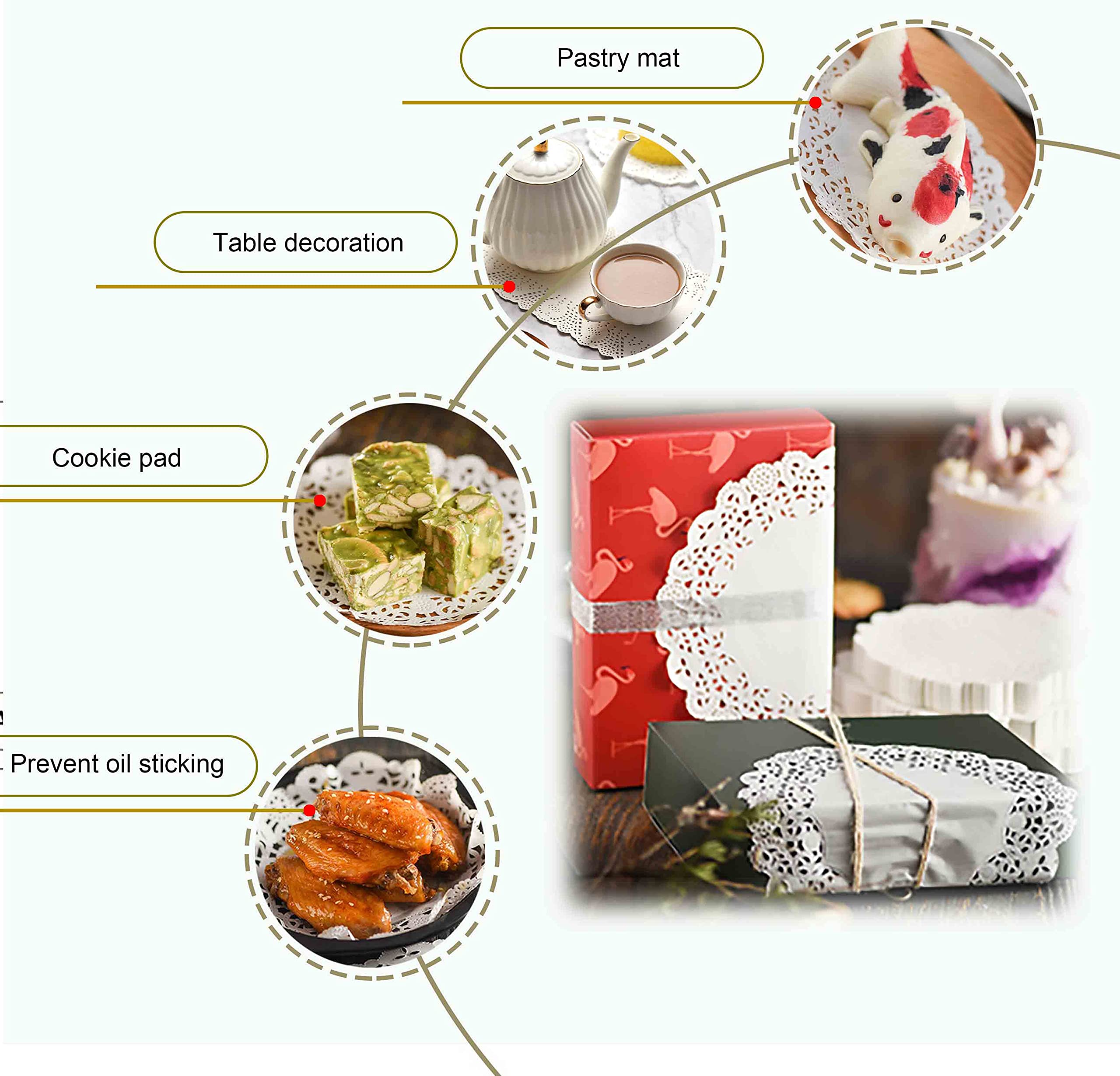 YESON lace-pattern placemats give wedding-style charm to desserts and trays.