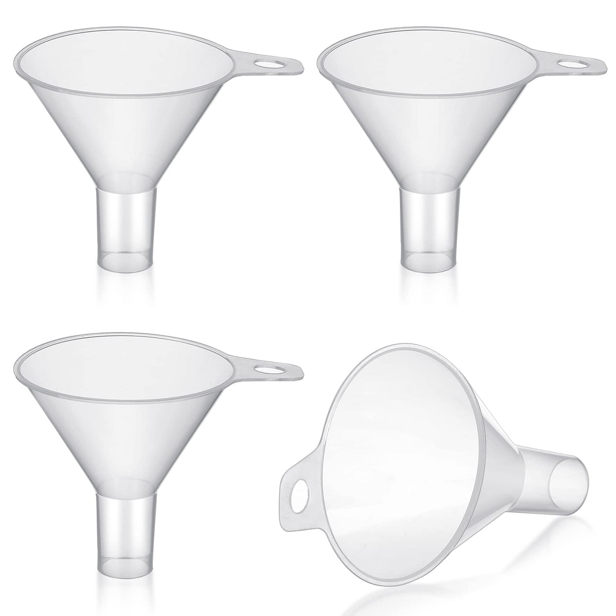 Yetene four-pack small plastic funnel with 65mm top diameter for precise pouring into bottles.