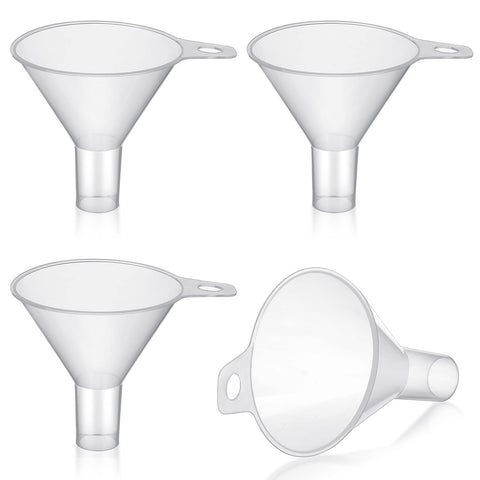 Yetene four-pack small plastic funnel with 65mm top diameter for precise pouring into bottles.