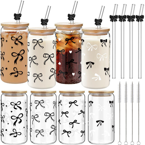 Yetene bow glass cups 16oz with lids and straws for stylish iced beverages