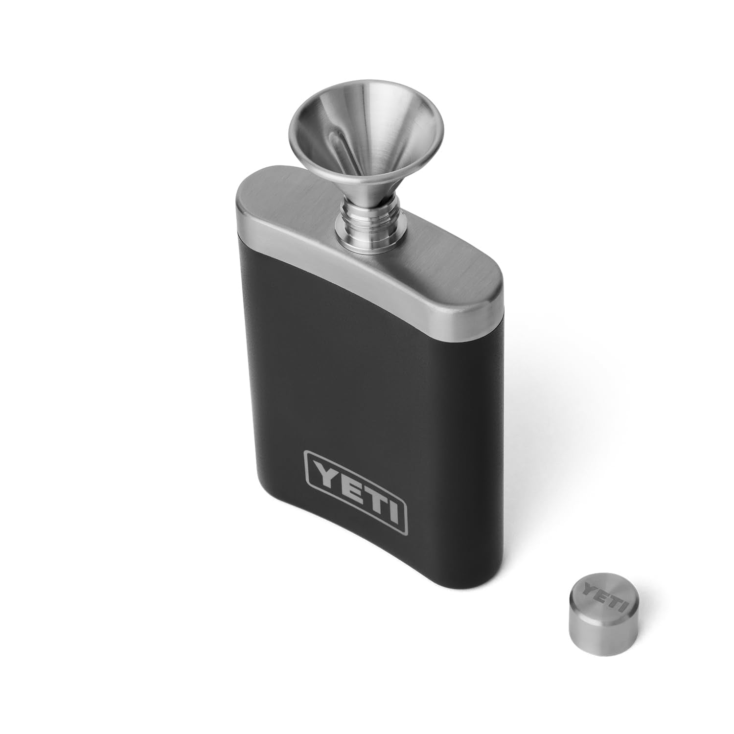 YETI 7 oz Flask and Funnel black cap close-up highlighting durability