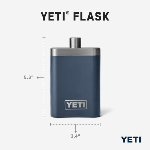 YETI navy flask and funnel packed together for travel