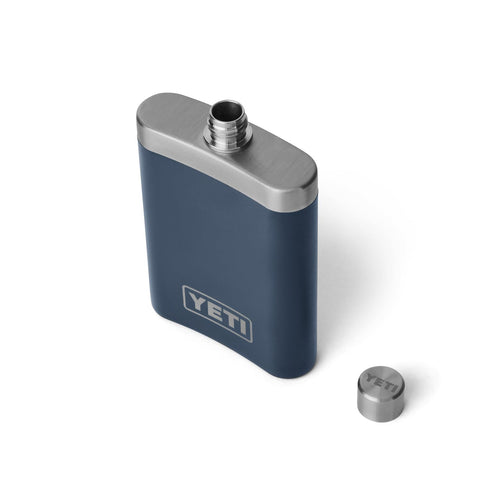 YETI 7oz navy flask front view for pocket hydration on the go