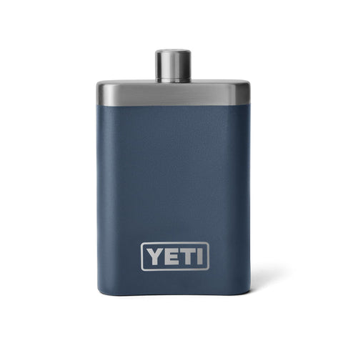 Close-up of YETI 7oz navy stainless steel, rust-resistant finish