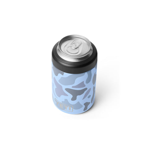 YETI Rambler Colster blue camo top view shows slim profile for standard cans
