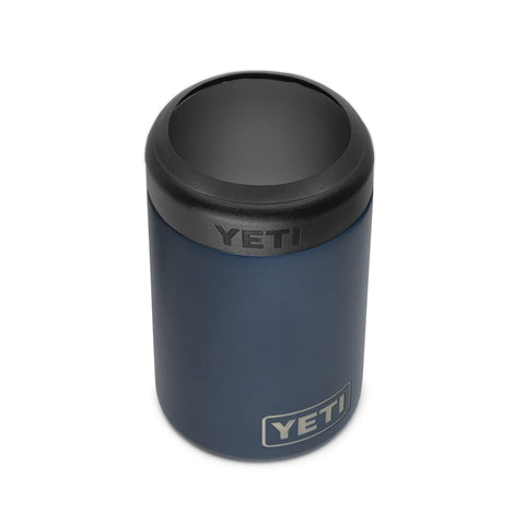 YETI Rambler Colster Navy front view shows rugged steel build for outdoor use