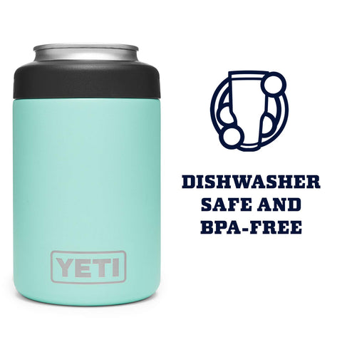 YETI Rambler Colster seafoam on desk ready for outdoor use.