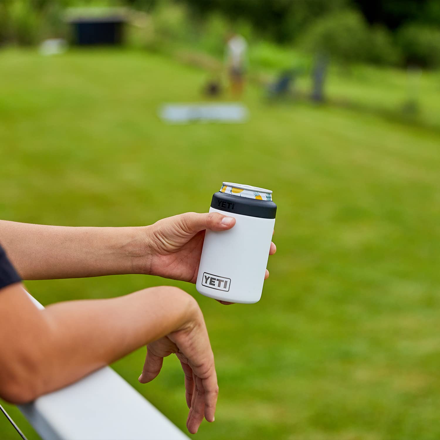YETI Rambler Colster seafoam Duracoat finish resists outdoor wear.