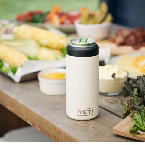 YETI Slim Colster on a beach setup keeps cold beverages accessible
