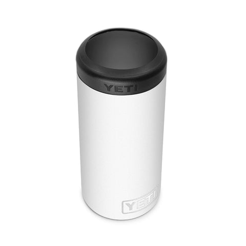 YETI Rambler Colster Slim white front view keeps 12 oz cans cold on outings.
