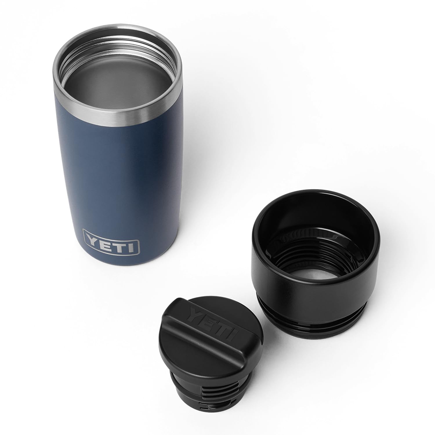 Stainless steel body detail on the navy YETI Rambler 12 oz bottle.