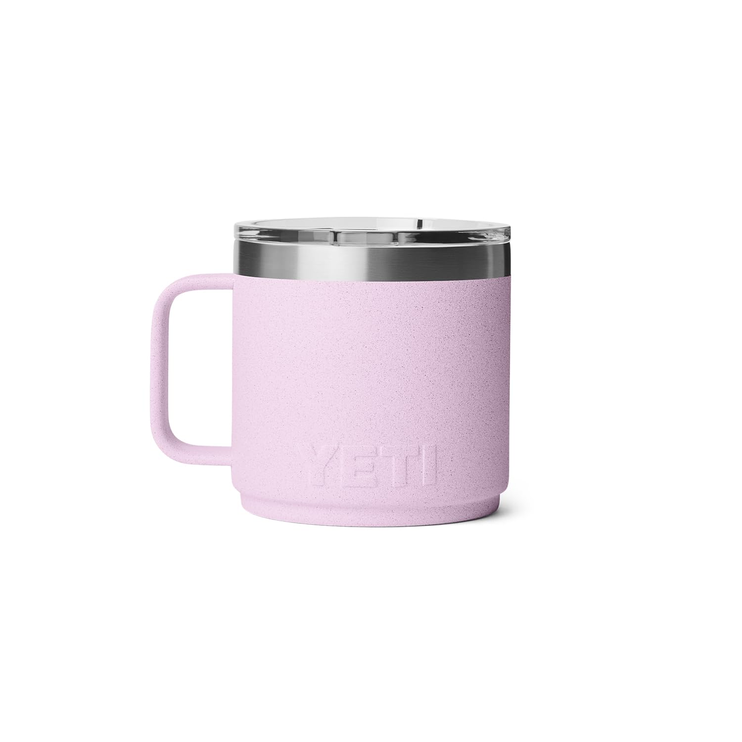 Compact Rambler mug in cherry blossom, ideal for travel.