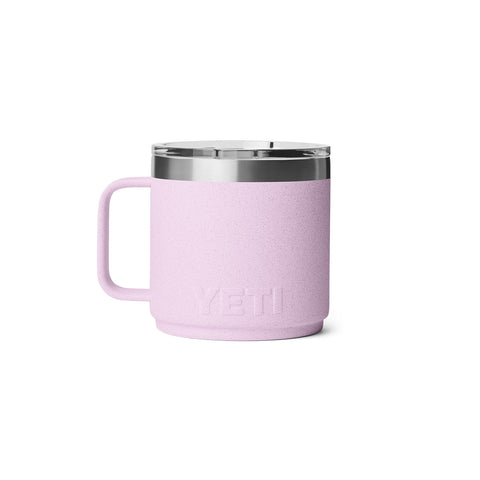 Compact Rambler mug in cherry blossom, ideal for travel.