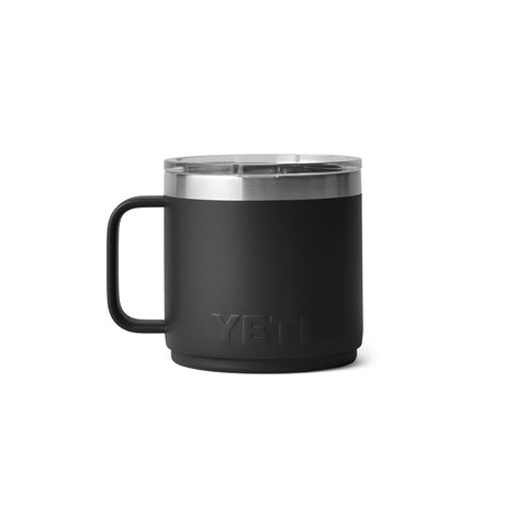 YETI Rambler 14oz mug in black finish suits outdoor use.